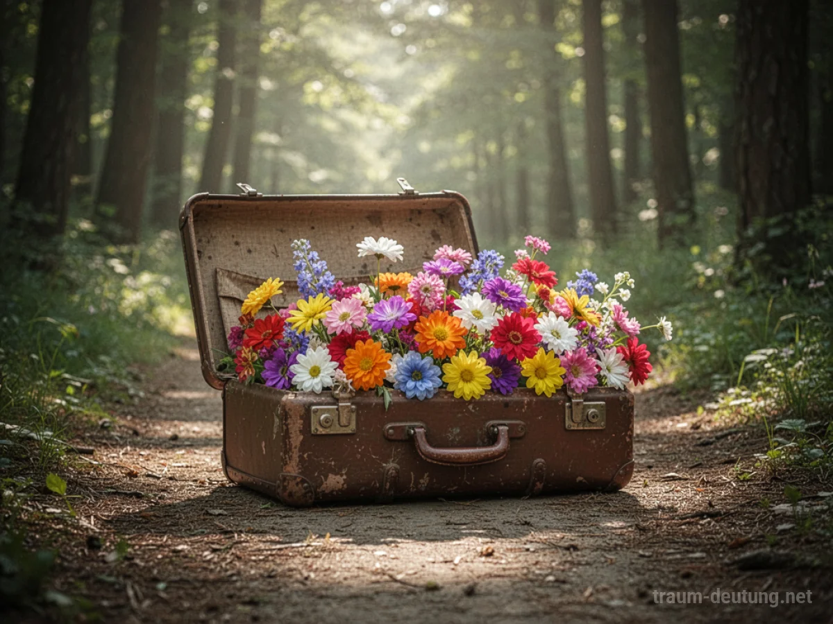 Ein offener Koffer voller Blumen auf einem Waldweg im Sonnenschein