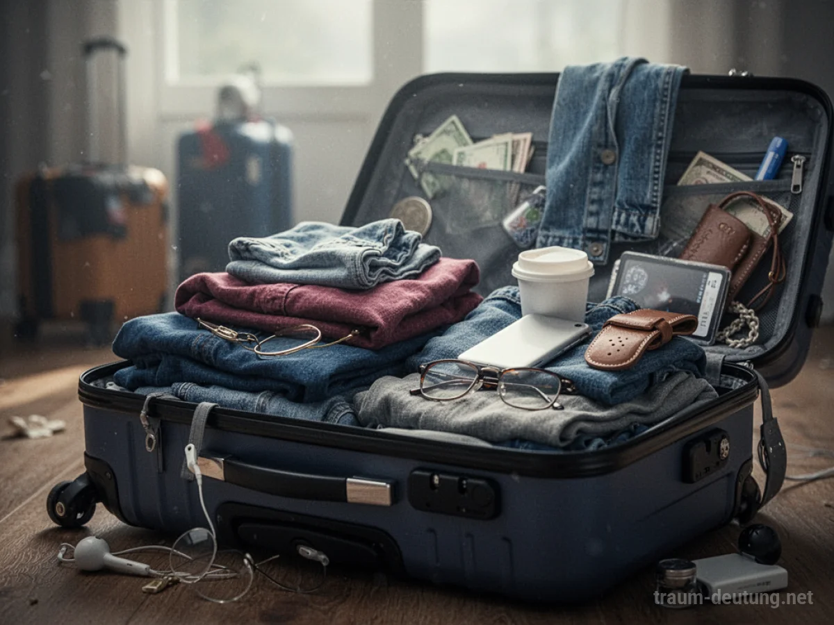 Ein Koffer wird mit Kleidung und persönlichen Gegenständen gepackt, der Hintergrund ist unscharf.