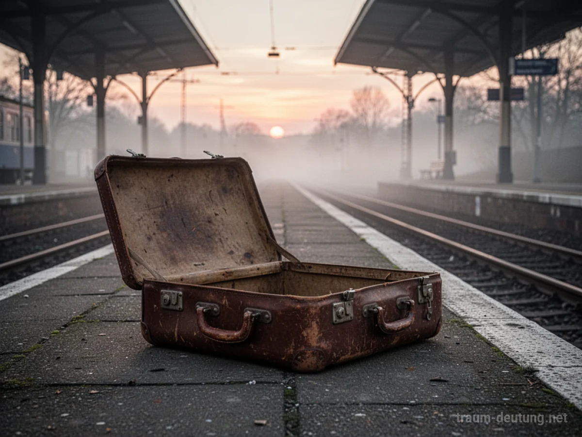 Ein einzelner, offener Koffer liegt verlassen auf einem Bahnsteig.