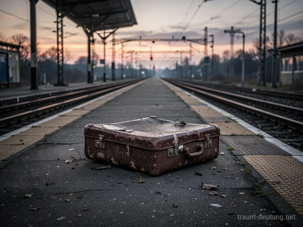 Ein verlassener Koffer auf einem leeren Bahnsteig bei Dämmerung.
