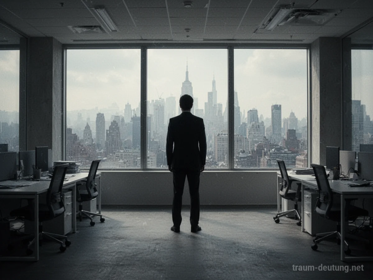 Silhouette einer Person in einem leeren Büro, die aus dem Fenster blickt