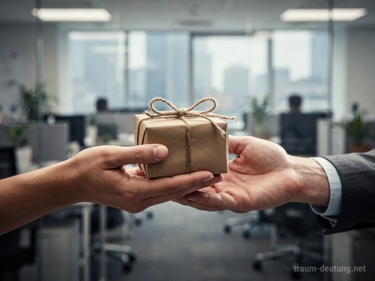 Eine Hand reicht einer anderen Hand ein Geschenk im Büro.