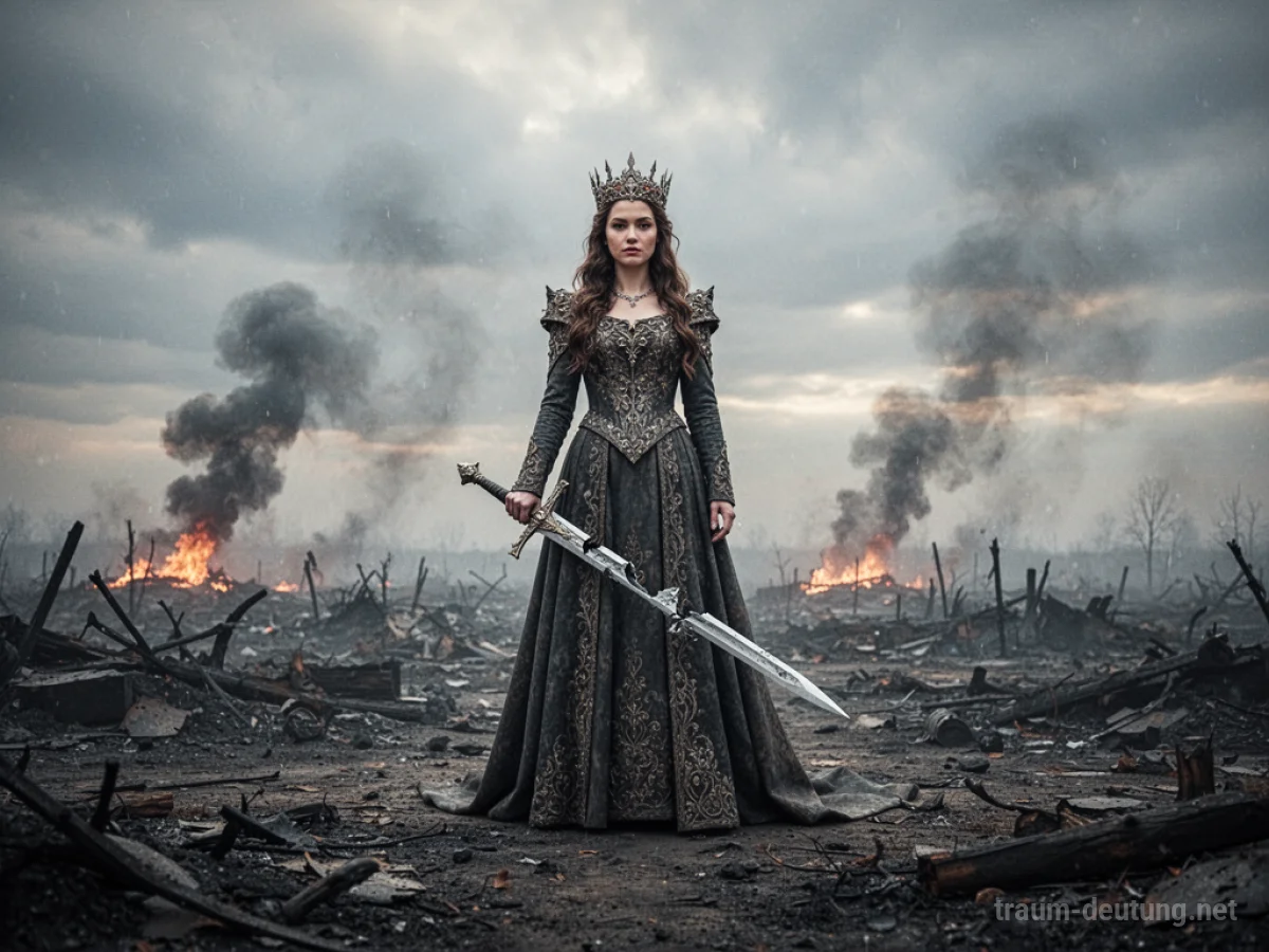 Königin steht allein auf einem Schlachtfeld mit rauchender Ferne.
