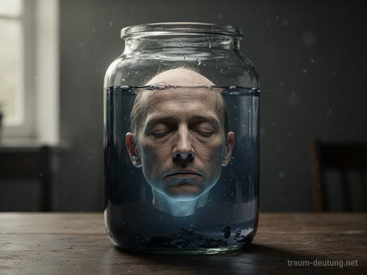 Kopf in einem Glasbehälter, der in einer dunklen Flüssigkeit schwebt.