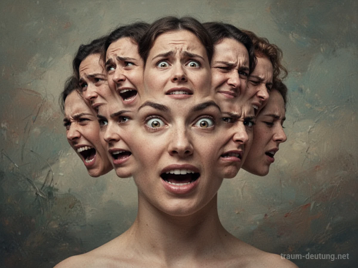 Stylisierter Kopf mit mehreren Gesichtern, die unterschiedliche Emotionen zeigen.