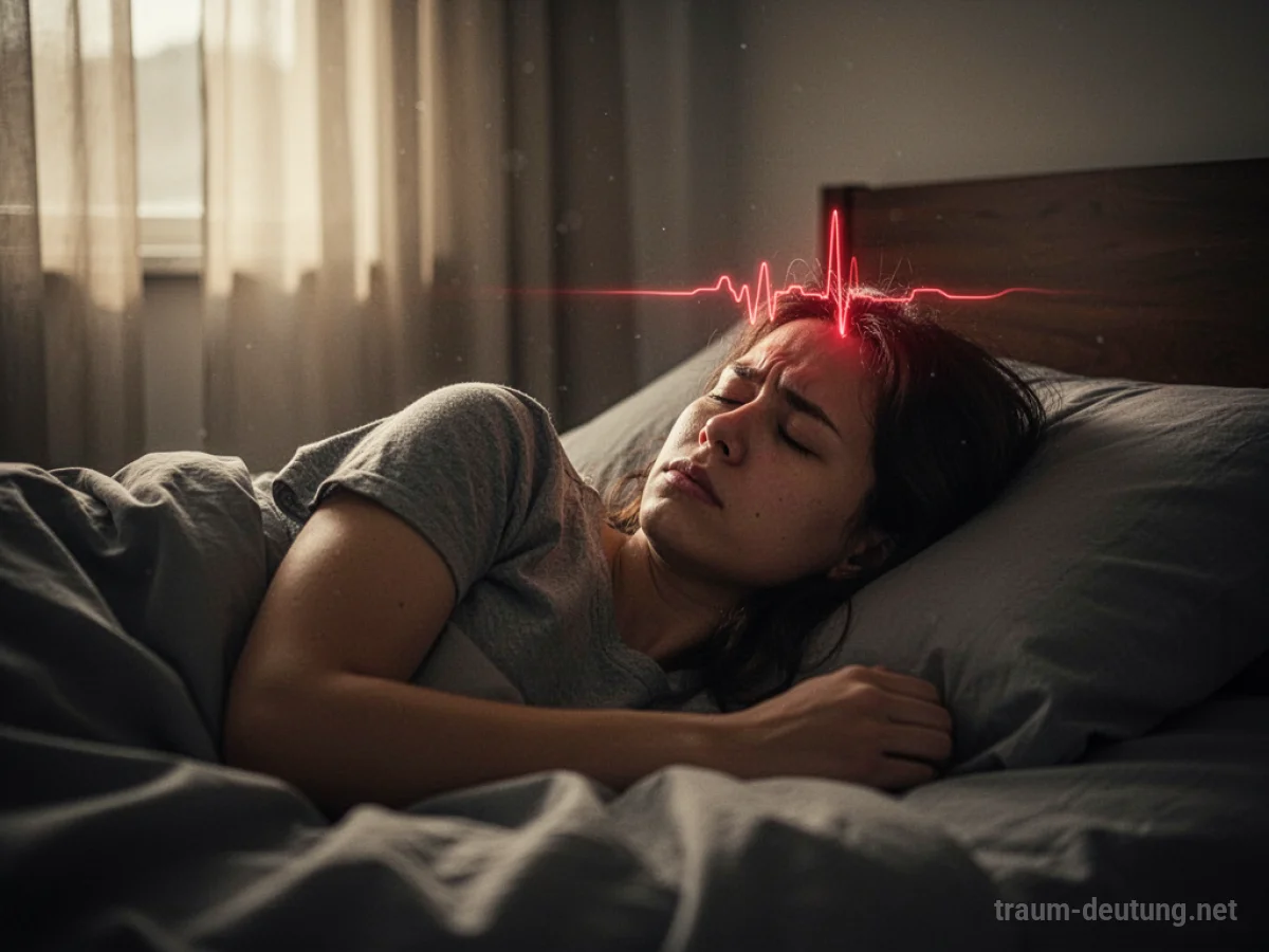 Person schläft mit einem Kopfschmerzsymbol über dem Kopf im Bett.