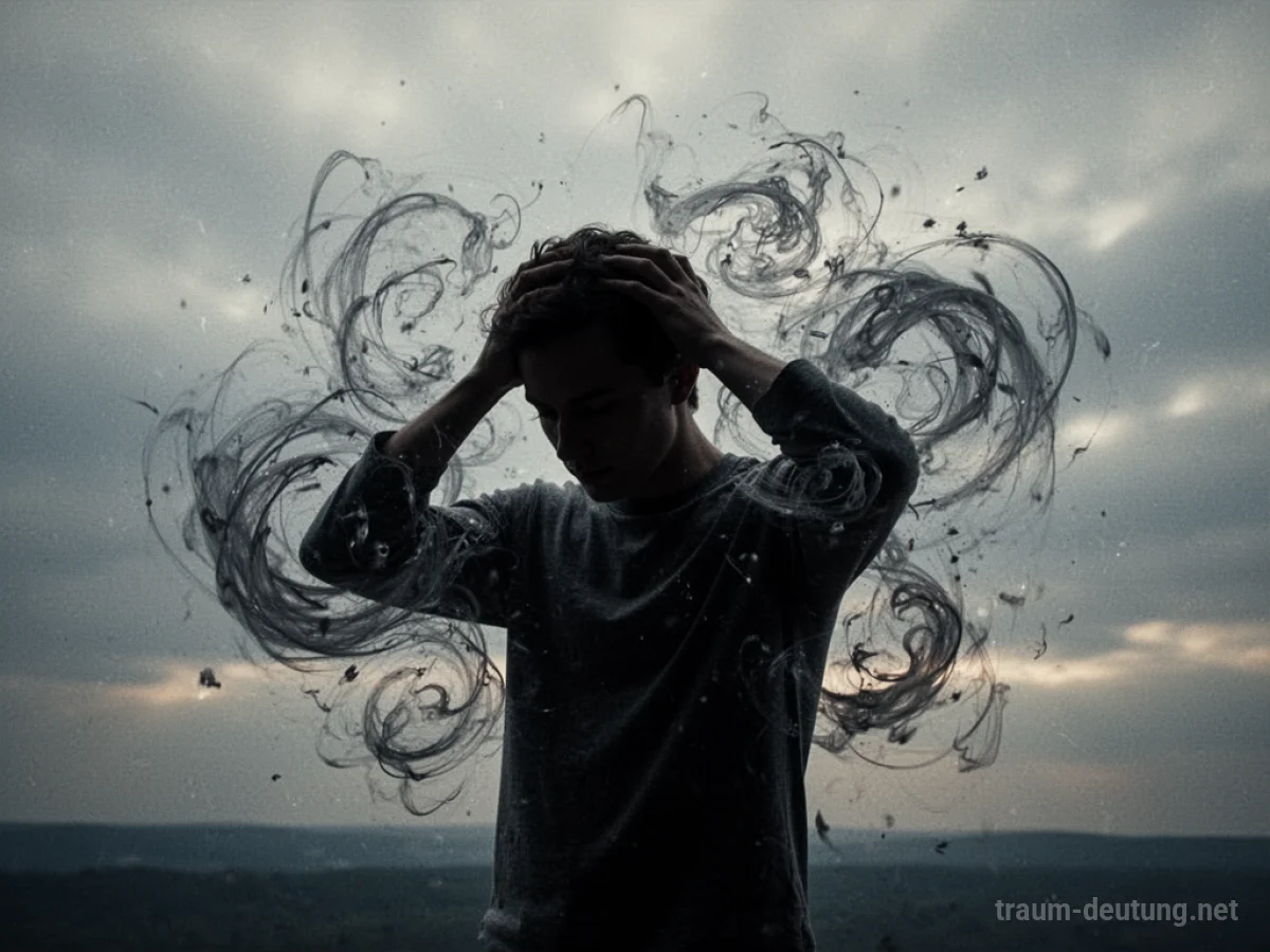 Silhouette einer Person mit Kopfschmerzen und Schwindel unter wirbelnden Mustern.