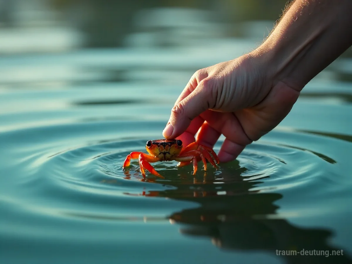 Hand greift nach einer Krabbe im flachen Wasser