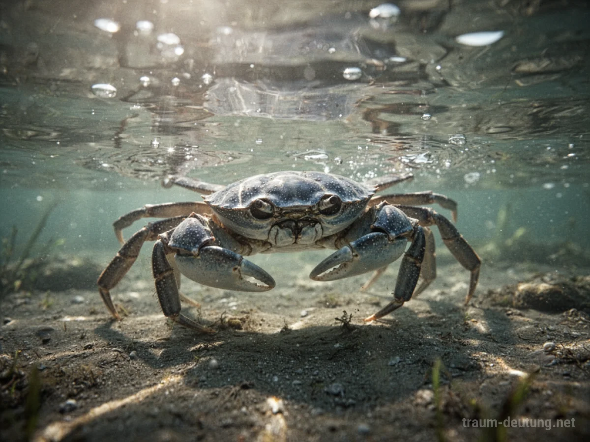 Eine Krabbe im Wasser, die ruhig auf dem Grund sitzt.