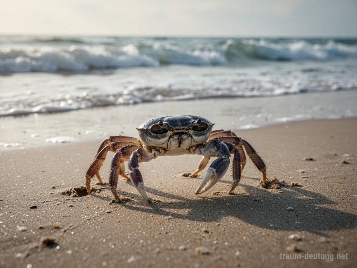 Eine Krabbe läuft seitwärts über Sand an einem Strand, leichte Wellen im Hintergrund.