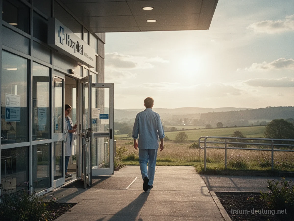 Person verlässt Krankenhausgebäude in Richtung einer hellen Landschaft.