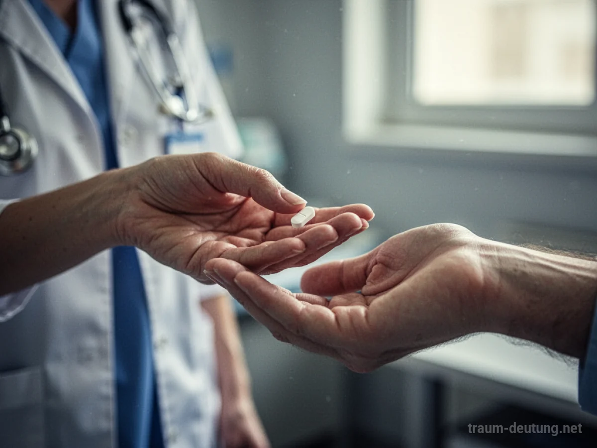 Hand einer Krankenschwester reicht eine Pille.