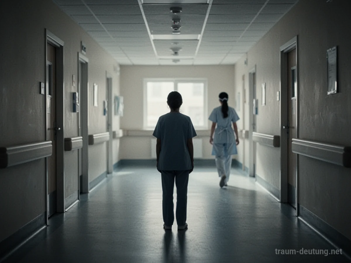 Eine Person steht allein in einem Krankenhausflur, während eine Krankenschwester sich abwendet.