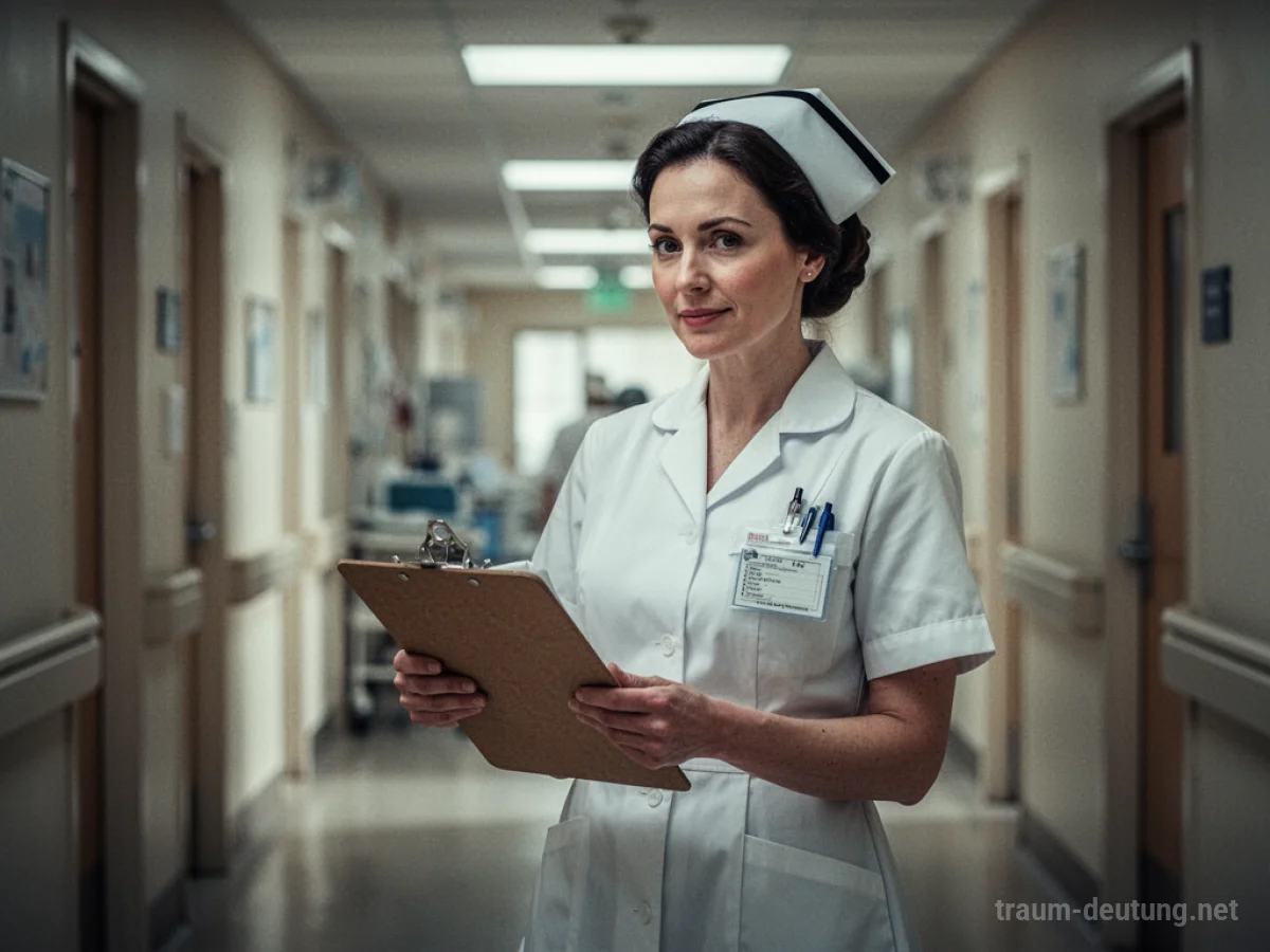 Krankenschwester in weißer Uniform im Krankenhausflur.