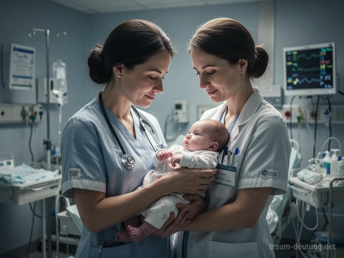 Eine Krankenschwester hält ein Baby im Arm in einem hellen Raum.