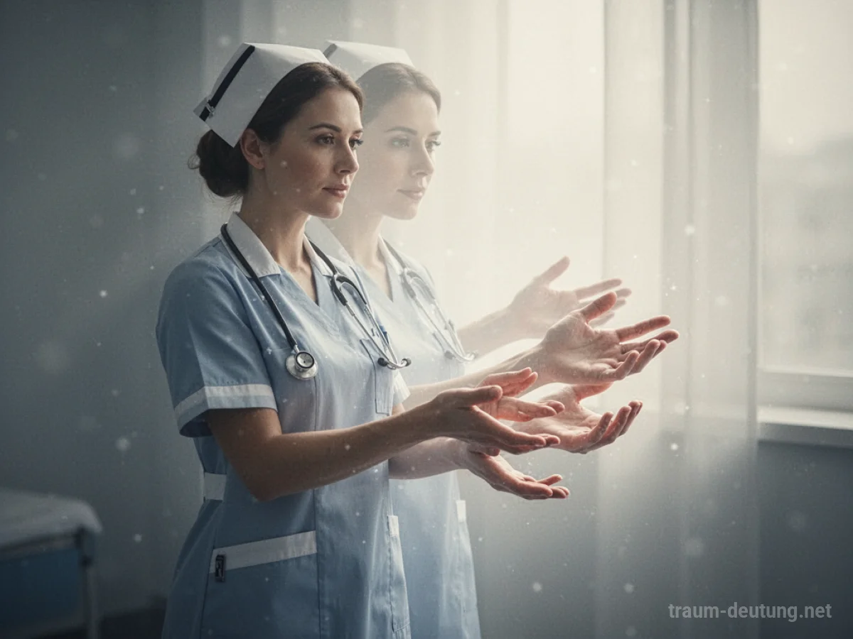 Symbolische Darstellung einer sich auflösenden Krankenschwesterfigur im sanften Licht.
