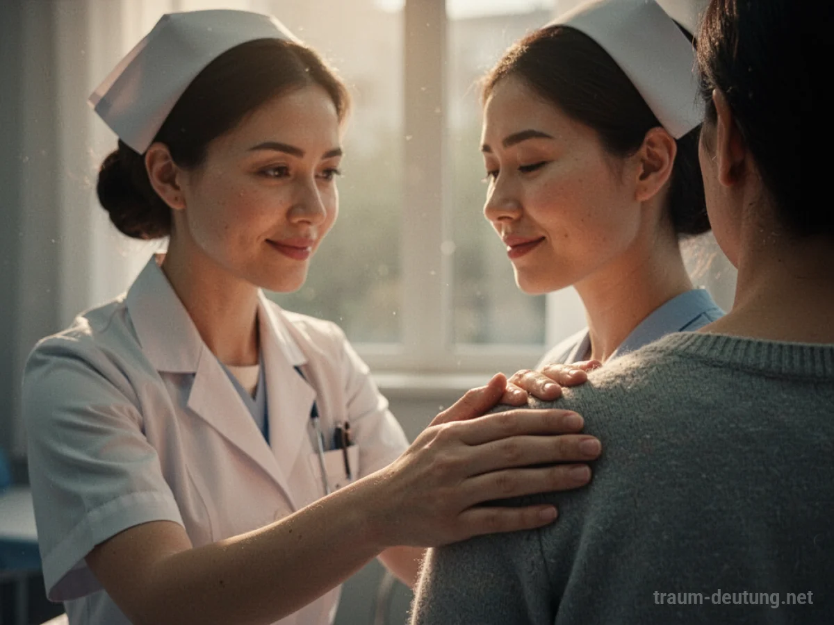 Eine fürsorgliche Krankenschwester tröstet eine Person, die sich unter ihrer Hand sicher fühlt.