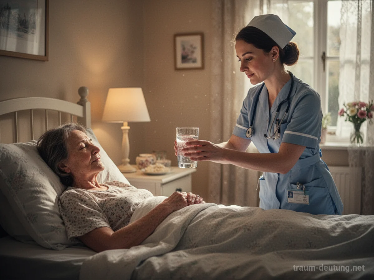 Krankenschwester reicht im Wohnzimmer eine Tasse Wasser