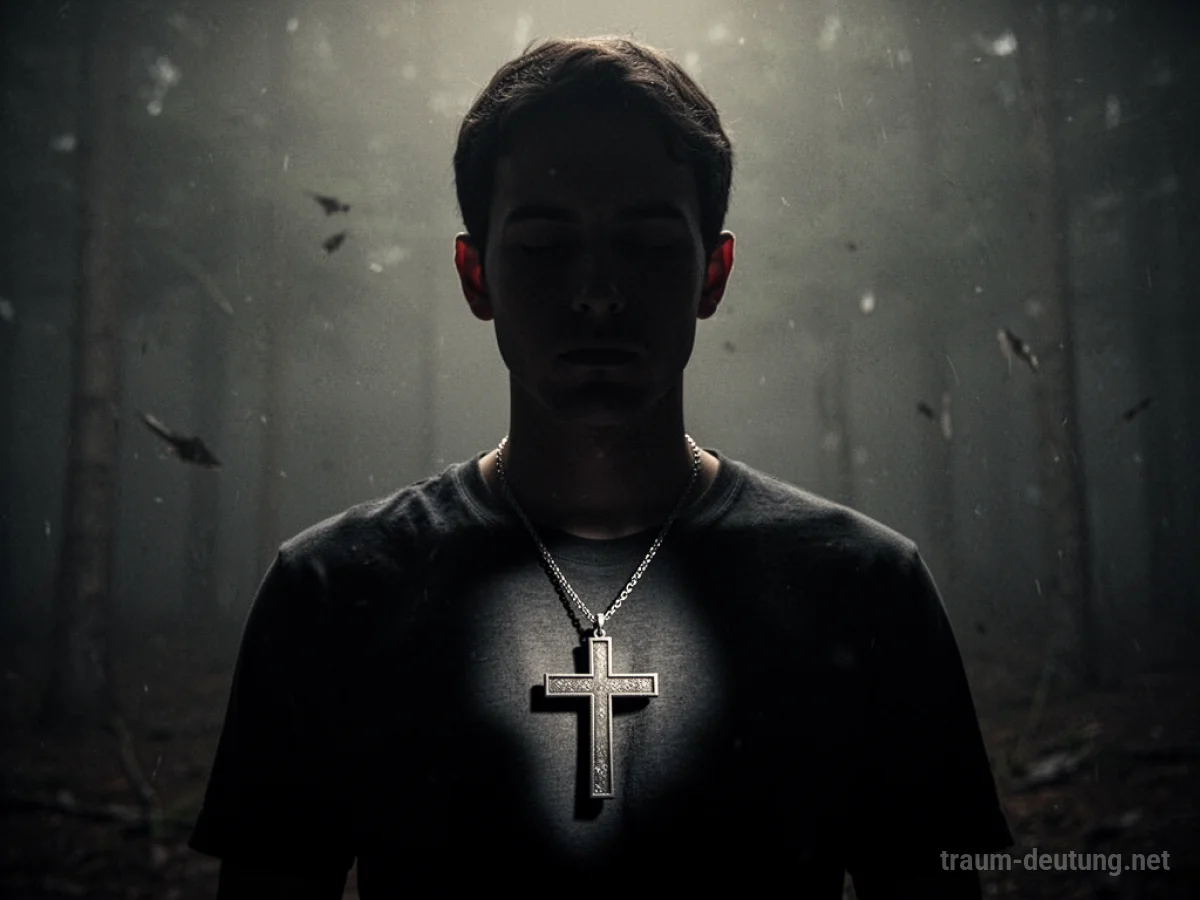 Silhouette einer Person mit einem Kreuz am Hals im Dunkeln
