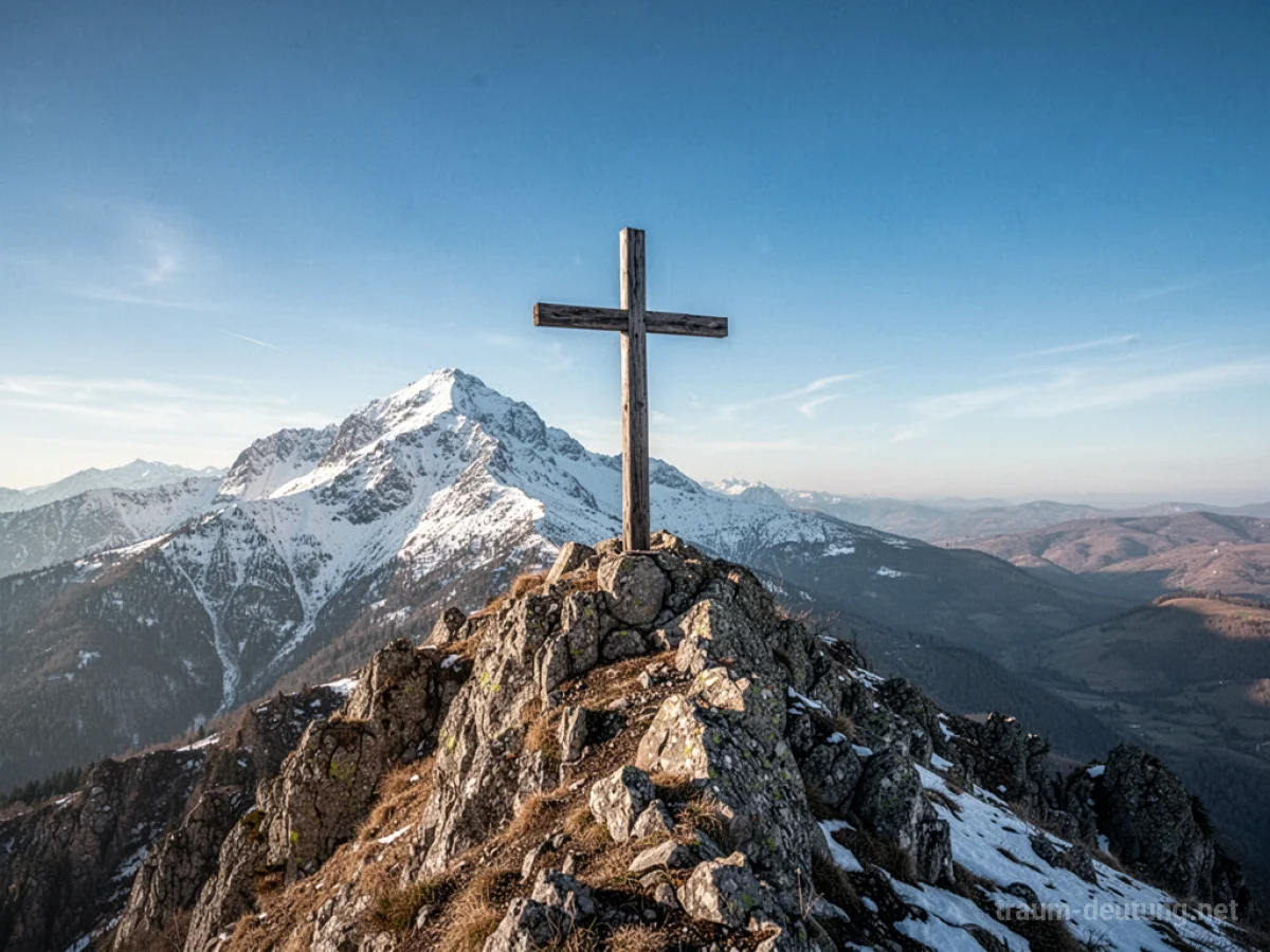 Ein einzelnes Kreuz ragt auf einem Berggipfel in den Himmel, umgeben von Felsen und klarer Luft.