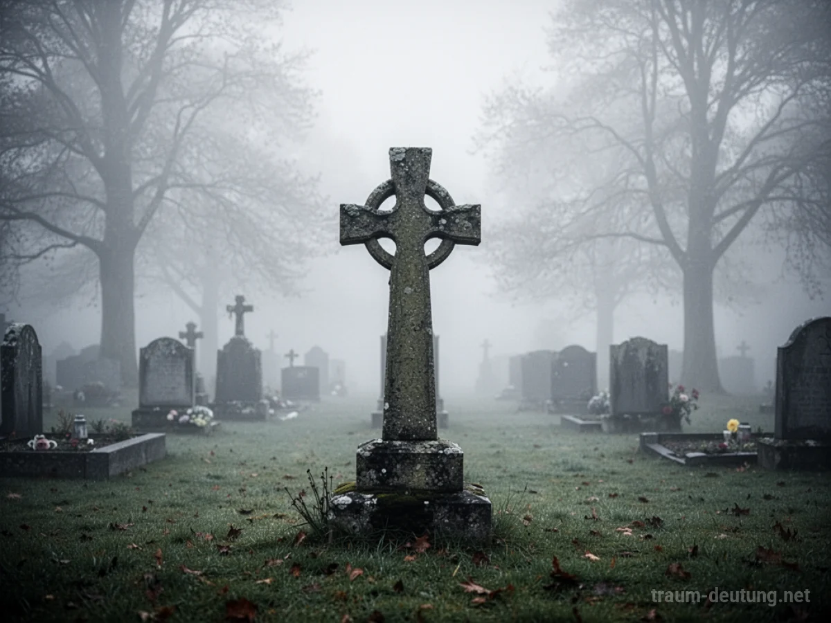 Ein einzelnes Steinkreuz steht auf einem nebligen Friedhof.