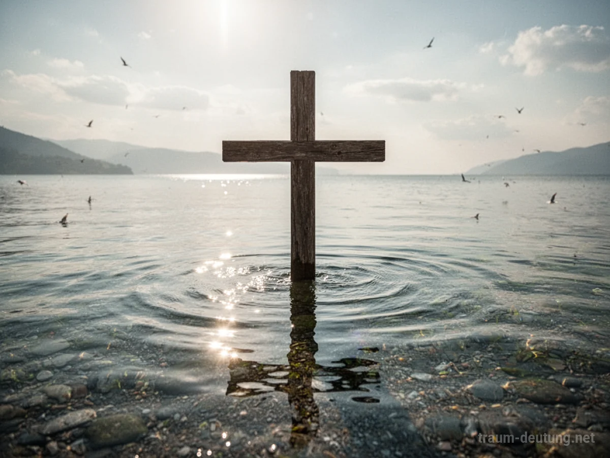 Ein Kreuz ragt aus dem Wasser, die Oberfläche spiegelt das Licht.