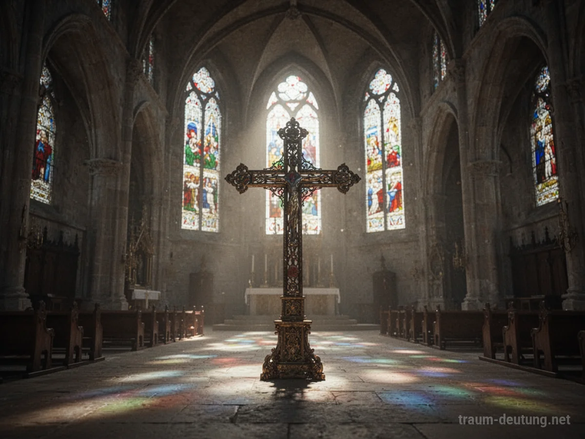 Ein christliches Kreuz steht in der Mitte einer großen, dunklen Kirche.