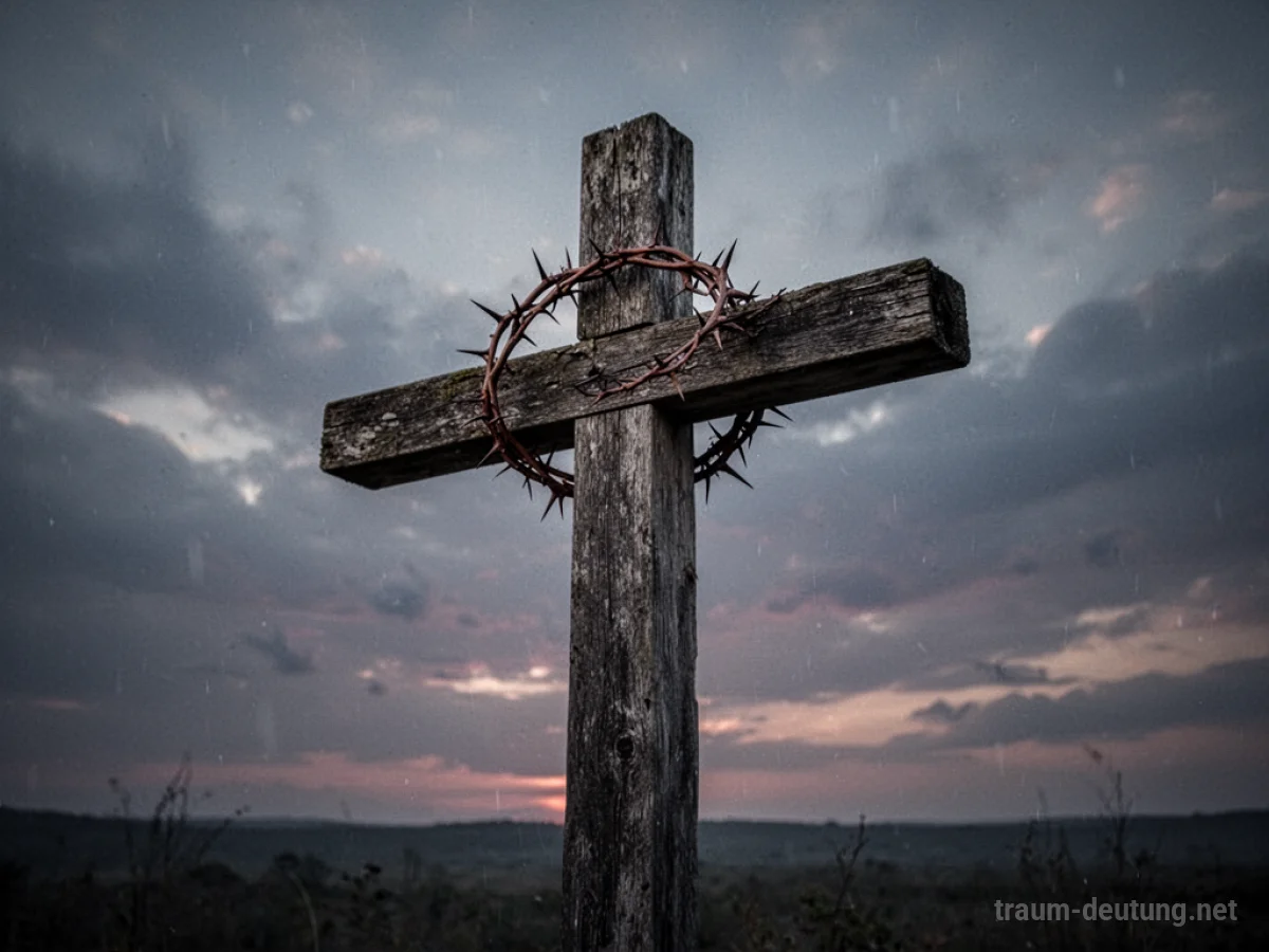 Ein einsames Holzkreuz mit Dornenkrone im Nebel