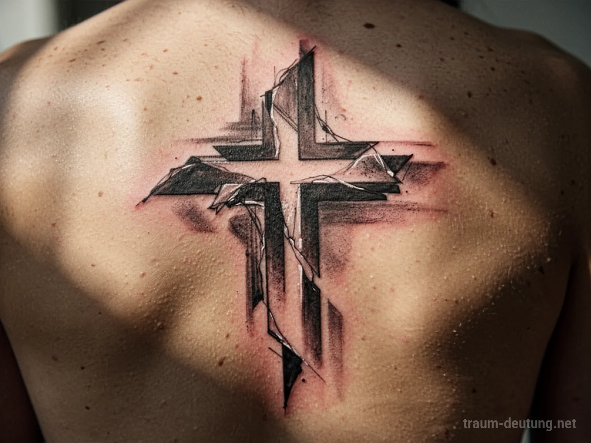 Abstraktes Kreuz Tattoo auf Haut, mit Schatteneffekten.