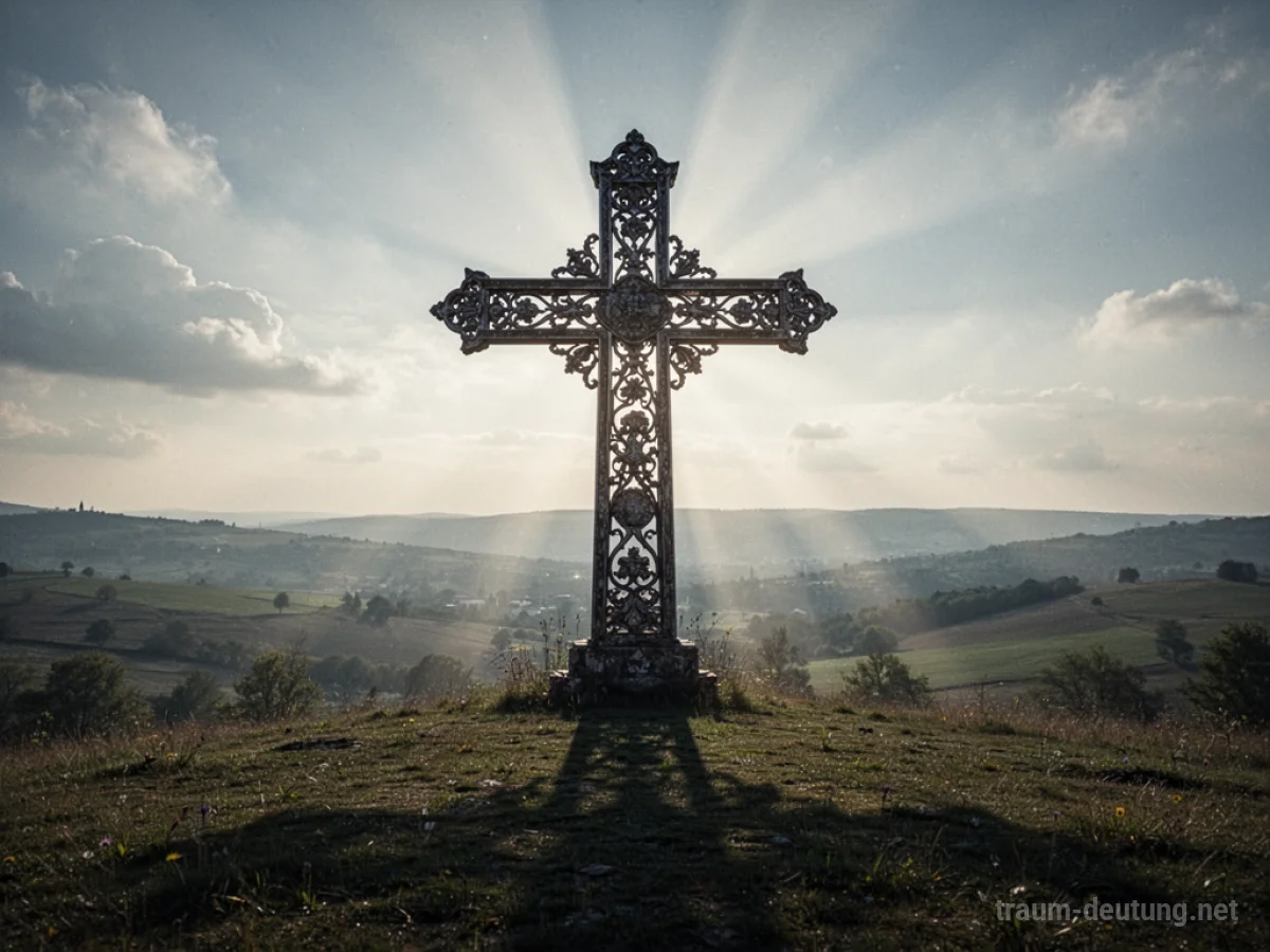 Ein großes Kreuz, das einen Schatten wirft, mit Lichtstrahlen dahinter.