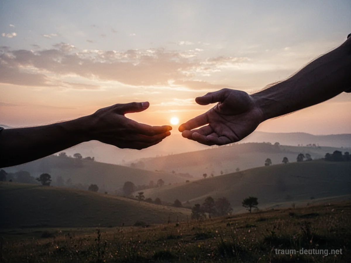 Friedliche Landschaft bei Morgengrauen mit zwei sich reichenden Händen als Silhouetten.