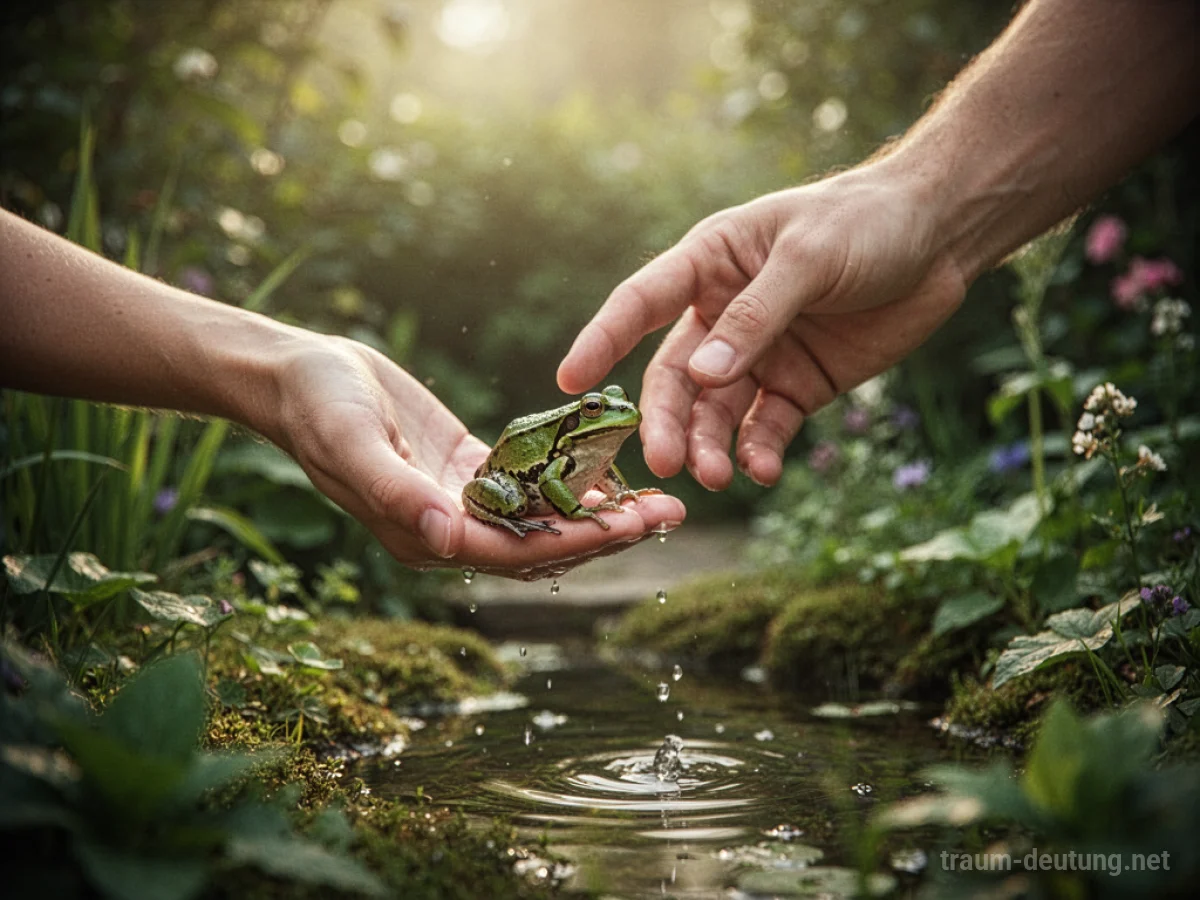 Hand fängt eine kleine grüne Kröte in einem Garten