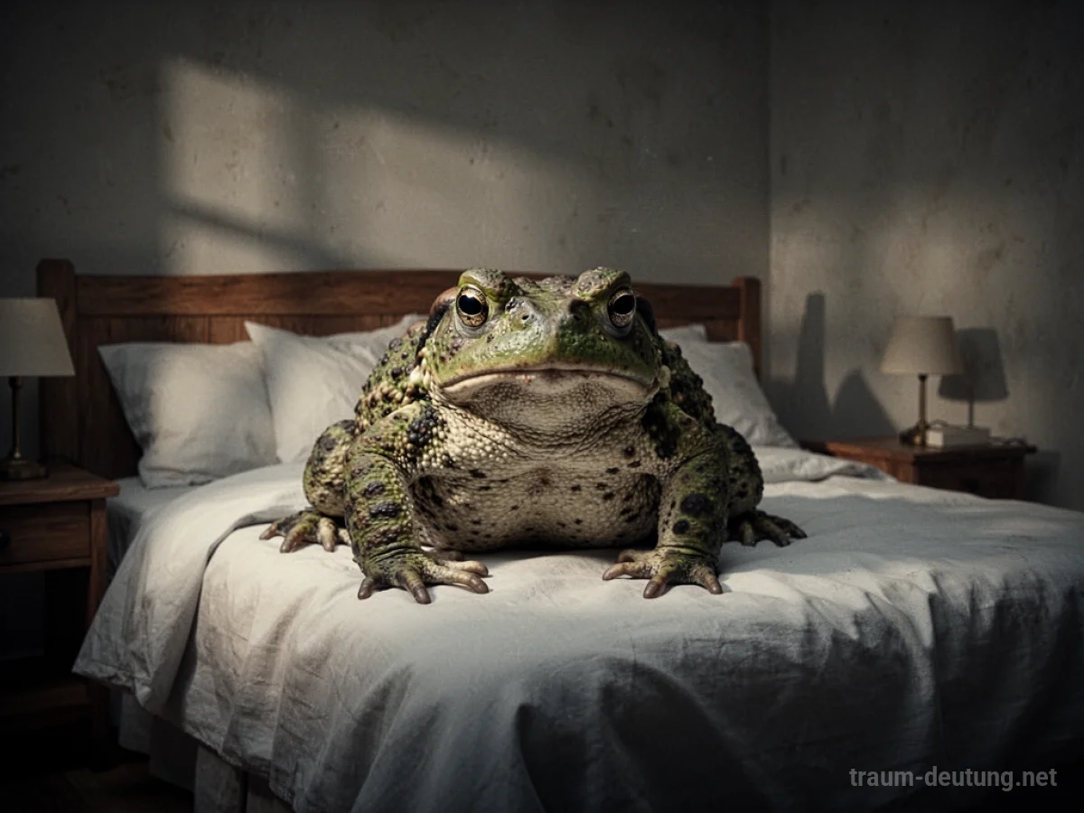 Eine Kröte sitzt auf einem Bett in einem dunklen Raum.