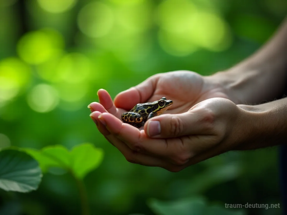 Hände retten eine kleine Kröte im Wald