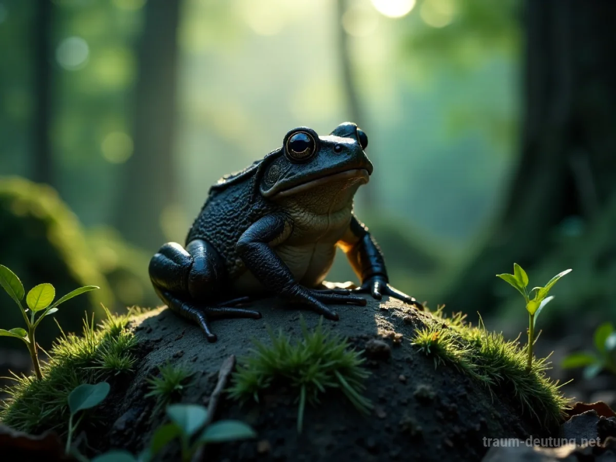 Eine Kröte sitzt auf einem Stein in einem dunklen Wald.