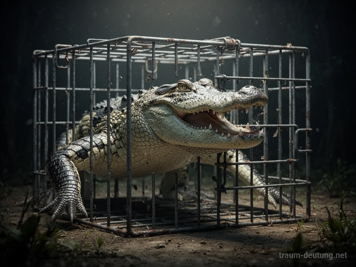 Ein entkommenes Krokodil bricht aus einem Käfig aus, mit dunklem Hintergrund.