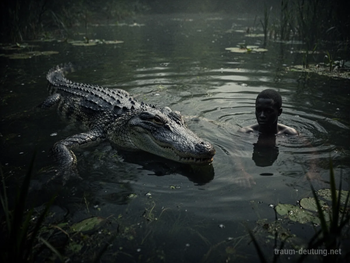 Krokodil im Wasser, Silhouette eines Menschen in der Nähe