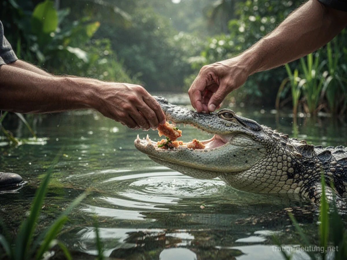 Hand füttert Krokodil im Wasser