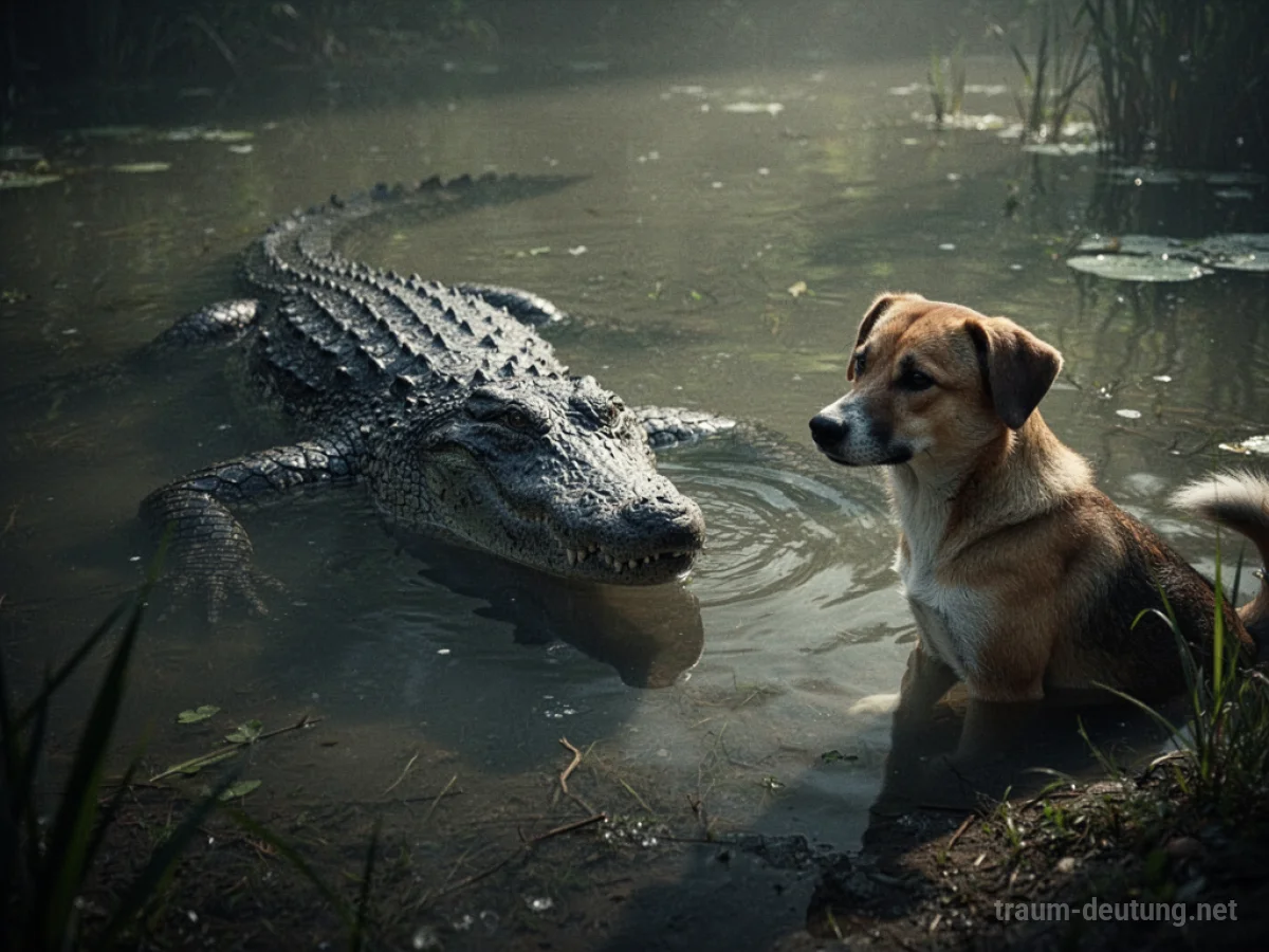Ein Schatten eines Krokodils lauert im trüben Wasser nahe einem Haustier.