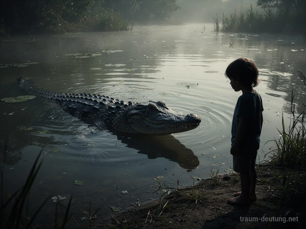 Schattenhaftes Krokodil im Wasser nahe der Silhouette eines Kindes am Ufer.