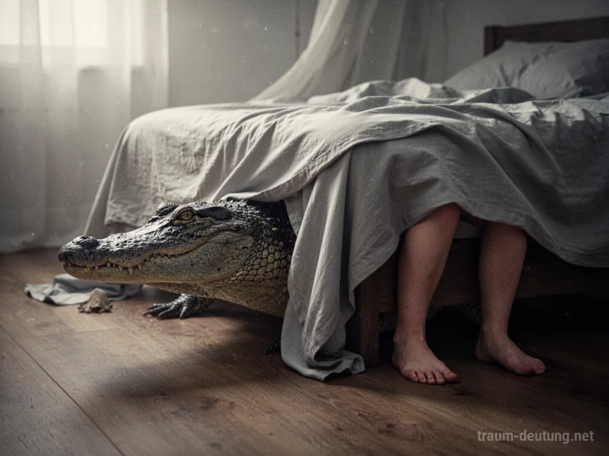Krokodil unter der Bettdecke mit menschlichen Füßen daneben