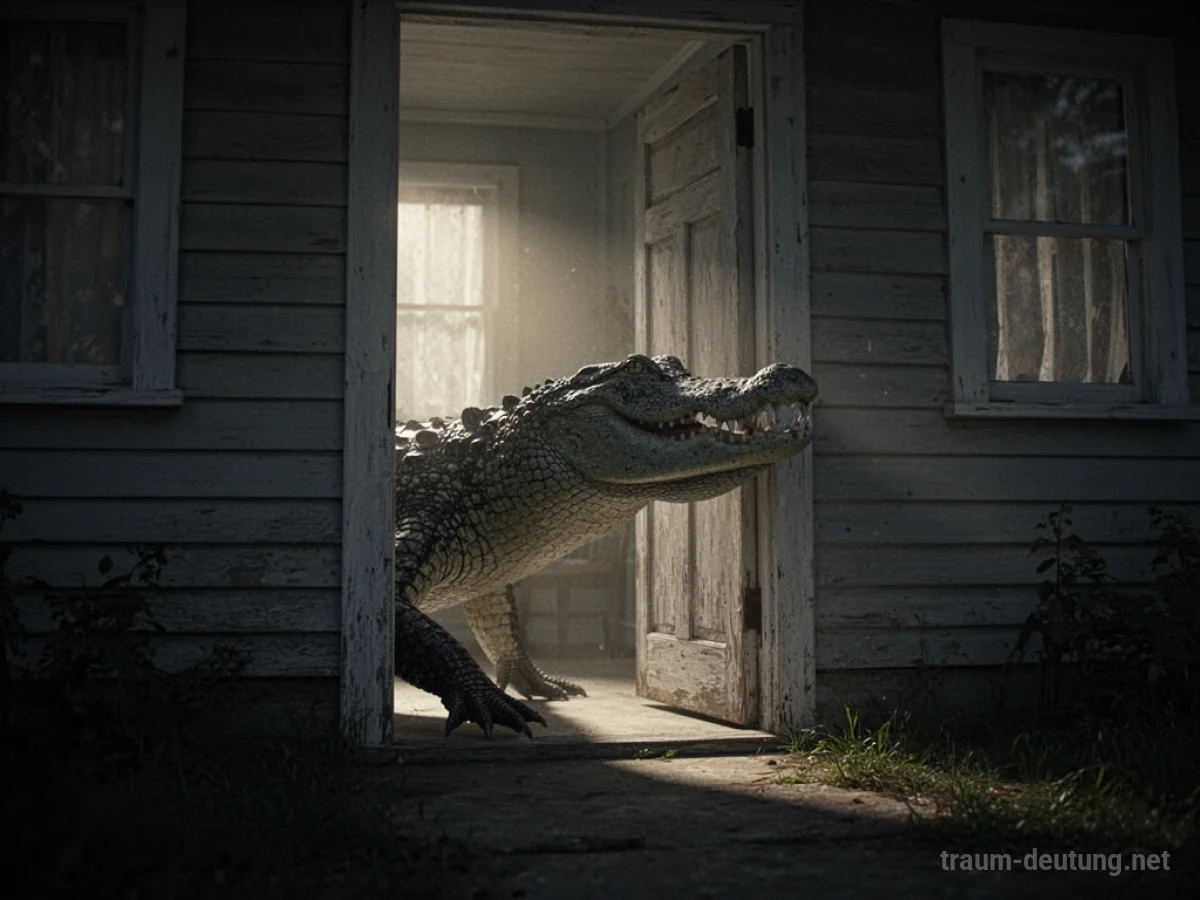 Krokodil ragt aus der Tür eines dunklen Hauses hervor