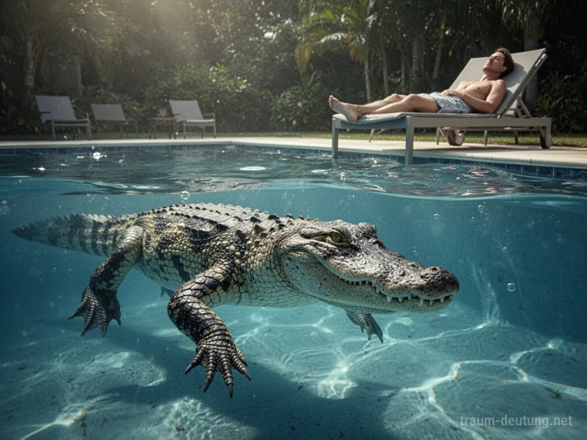 Krokodil lauert im Pool, während eine Person entspannt