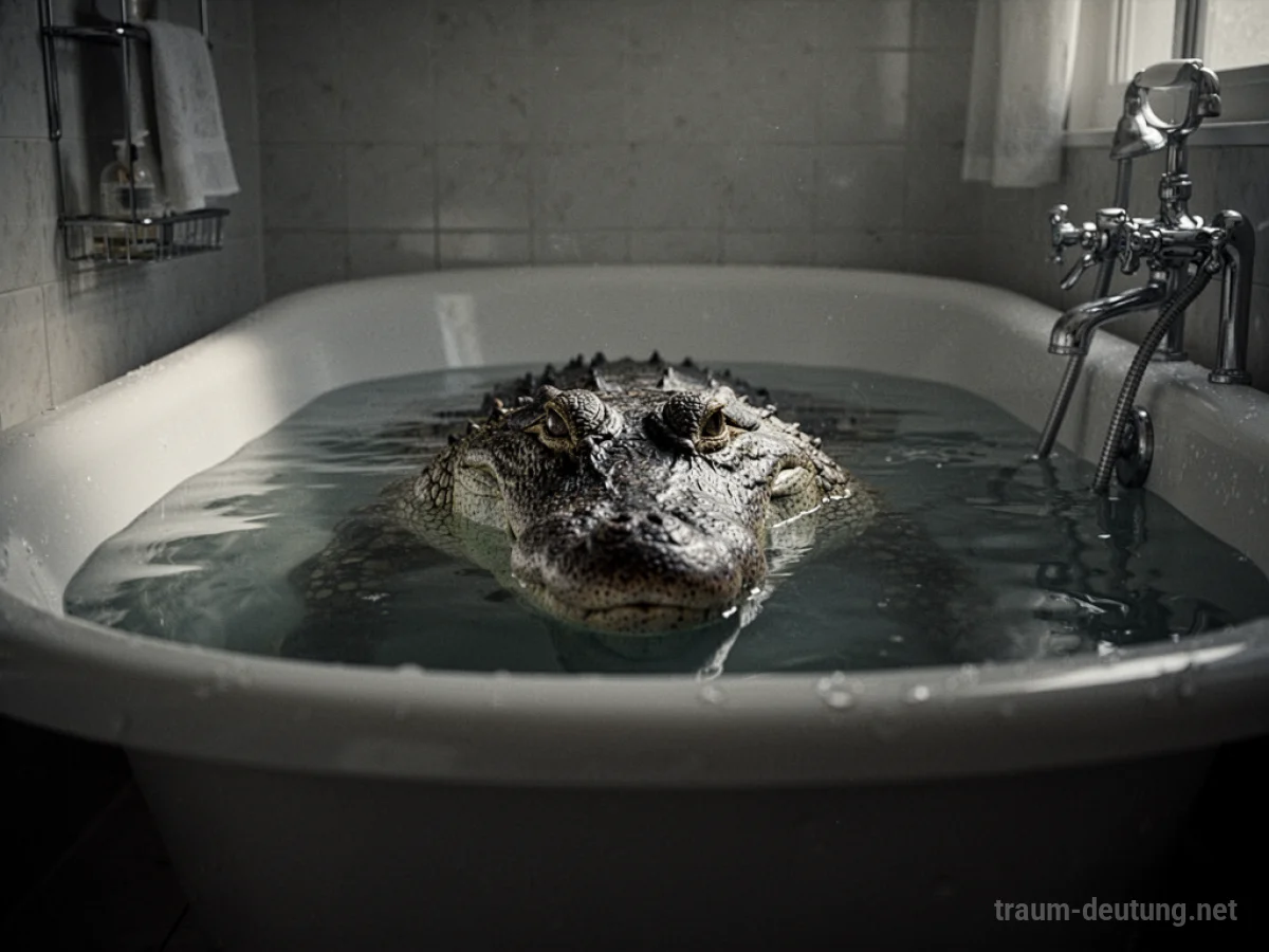Krokodil ragt aus Badewasser in einem dunklen Badezimmer hervor