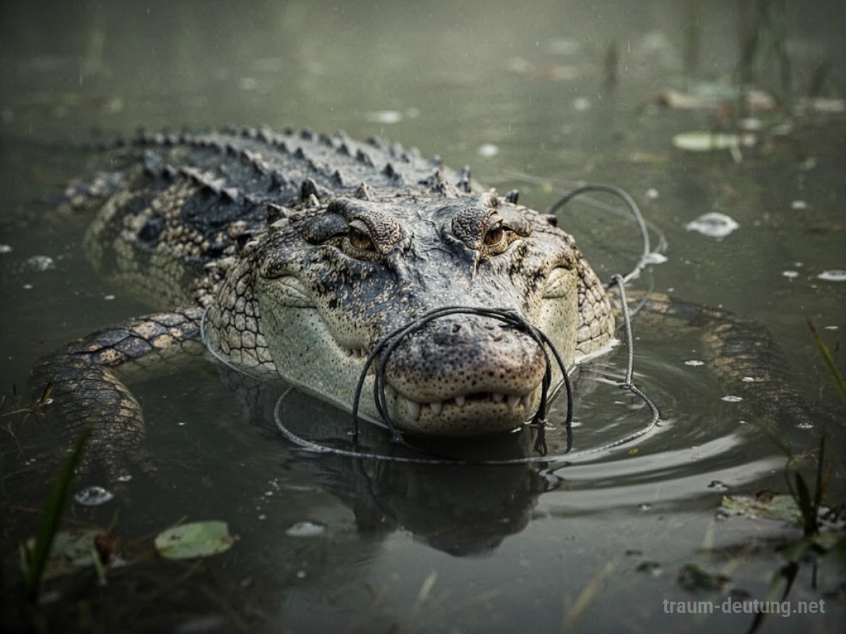 Ein Krokodil in bedrohlicher Situation, gefangen oder umringt, im trüben Wasser.