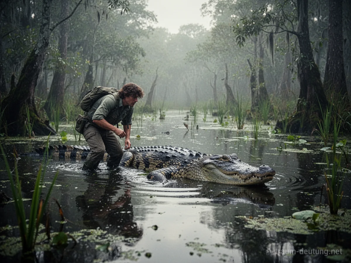 Eine Person schleicht sich im Traum an ein Krokodil heran, das im Wasser lauert.
