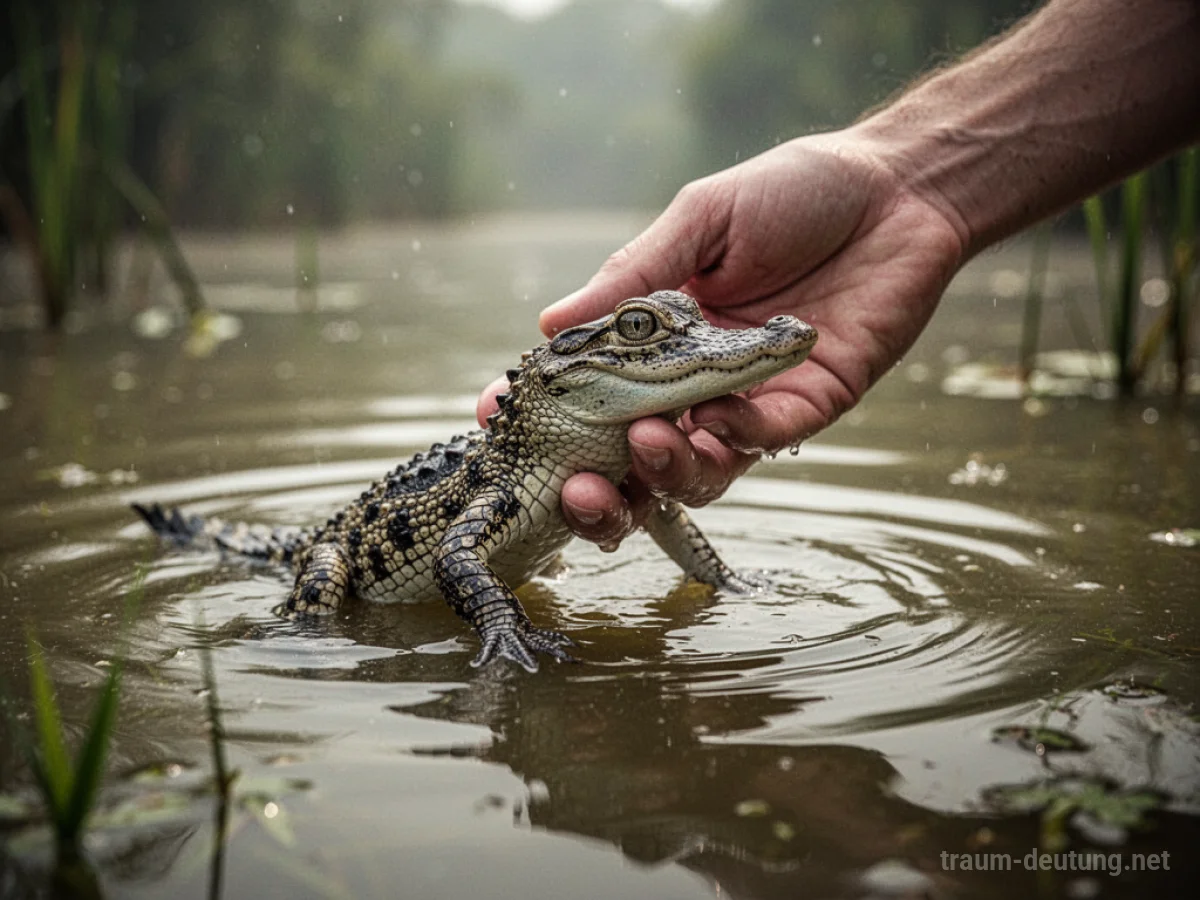 Eine Hand rettet ein kleines Krokodilbaby aus trübem Wasser.