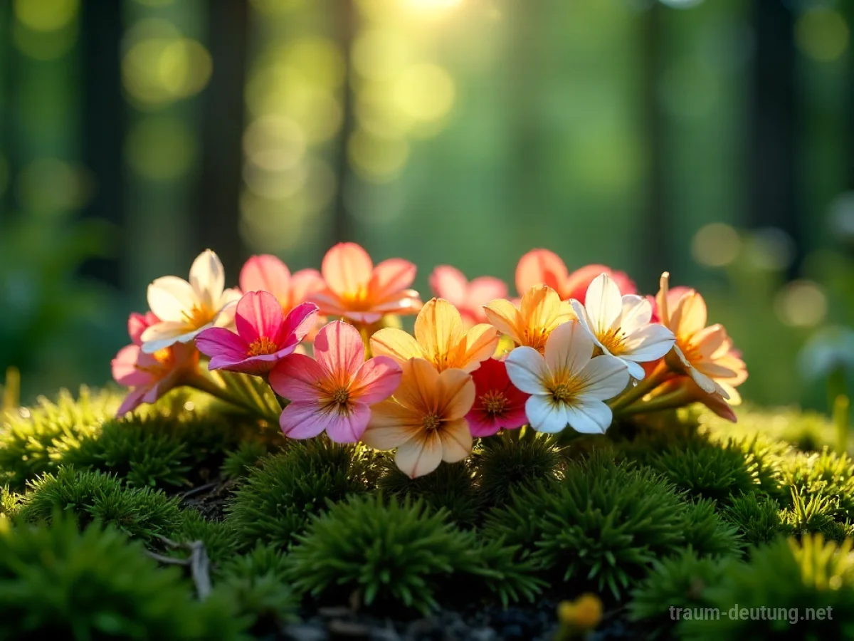 Eine Krone aus frischen Blumen liegt auf moosbewachsenem Waldboden.