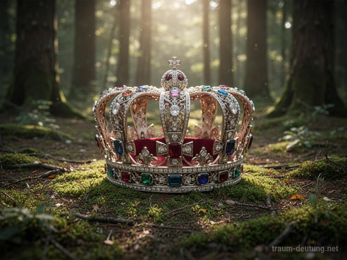 Eine goldene Krone liegt auf moosbedecktem Waldboden.