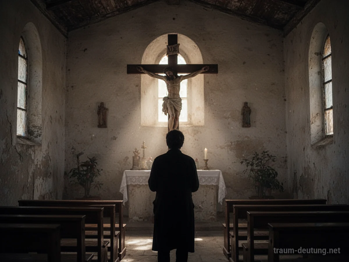 Silhouette einer Person, die ein Kruzifix in einer Kapelle betrachtet